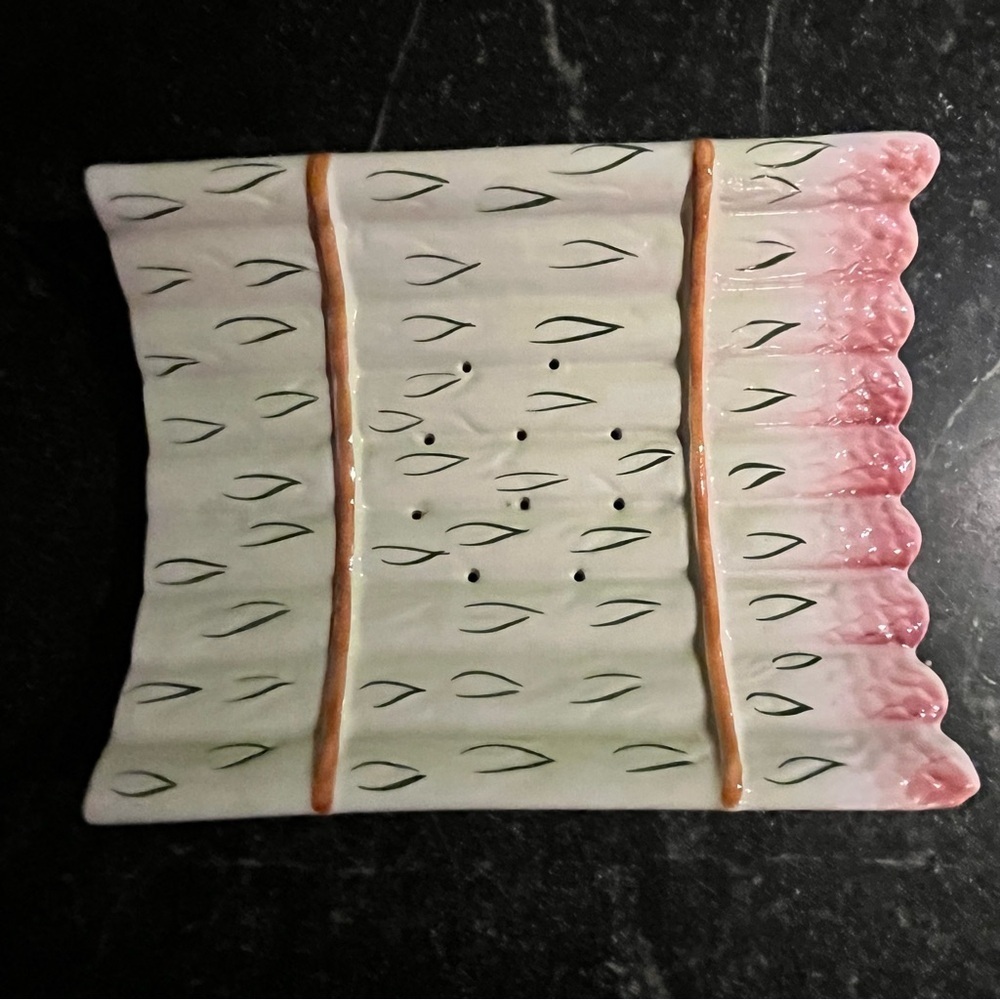 Vintage Majolica French Asparagus Shaped Draining Footed Serving Dish
